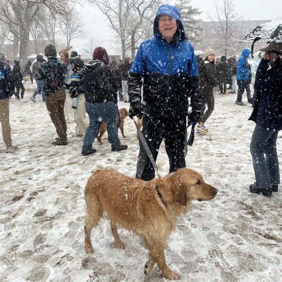 A man in a blue jacket holds the leash of his Golden Retriever in the snow among other dogs and people.